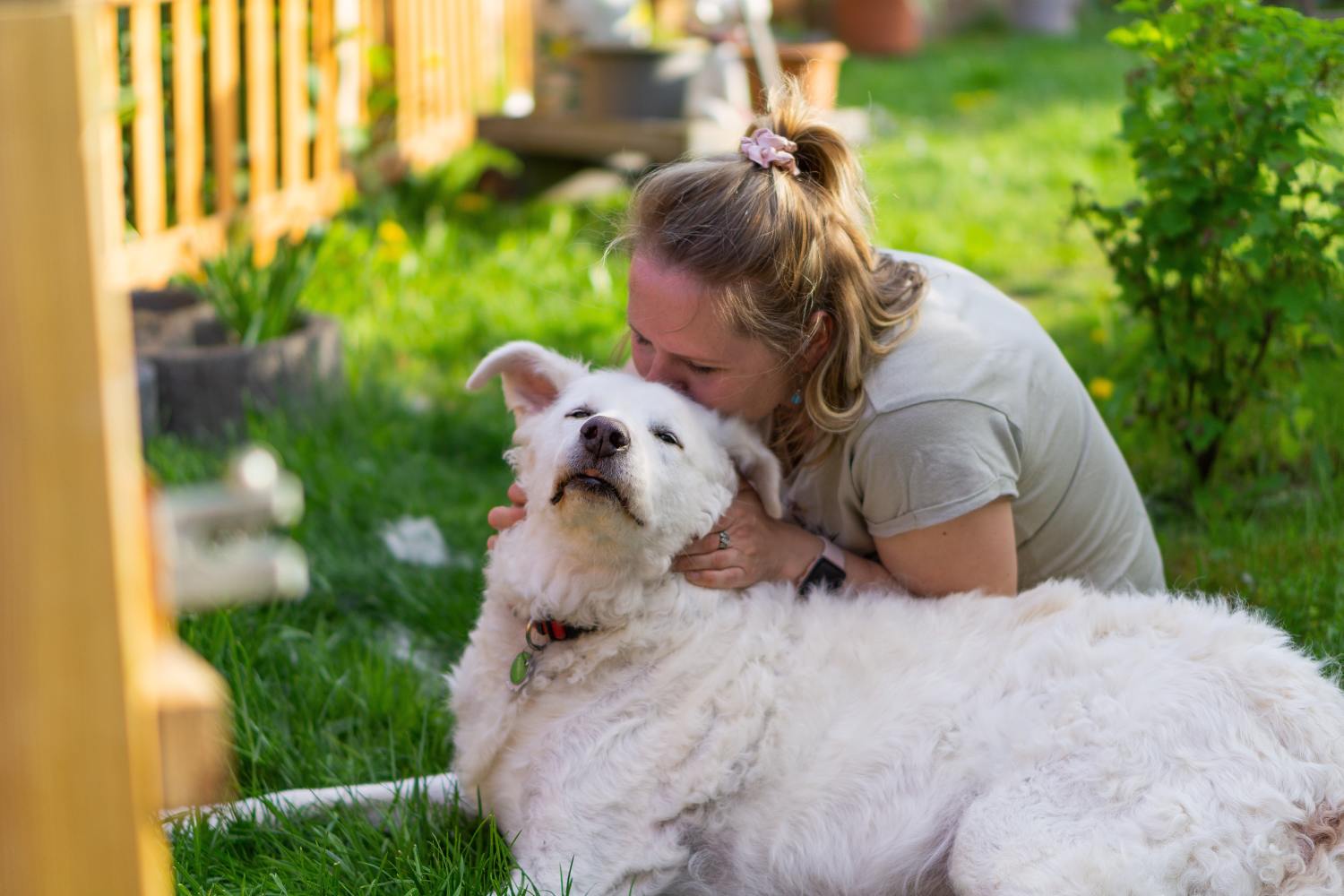 Woman with dog after handling what happens to her pet after death with an estate plan.